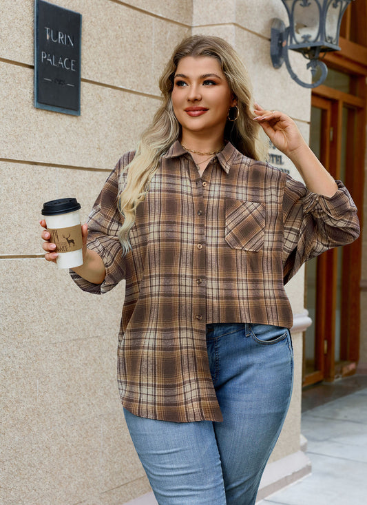 Plus Size Brown & Beige Plaid Button-Up Shirt