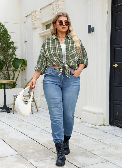 Plus Size Olive Green Plaid Button-Up Shirt G11