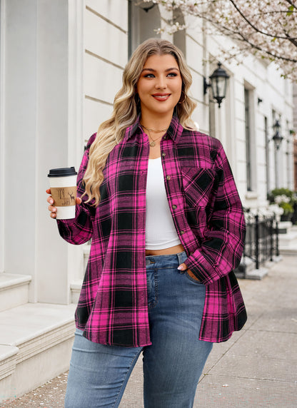 Plus Size Fuchsia Plaid Button-Up Shirt G21