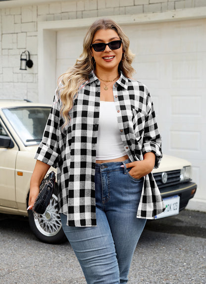Plus Size Black & White Buffalo Plaid Button-Up Shirt