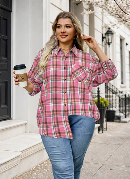 Plus Size Pink Plaid Button-Up Shirt. F21