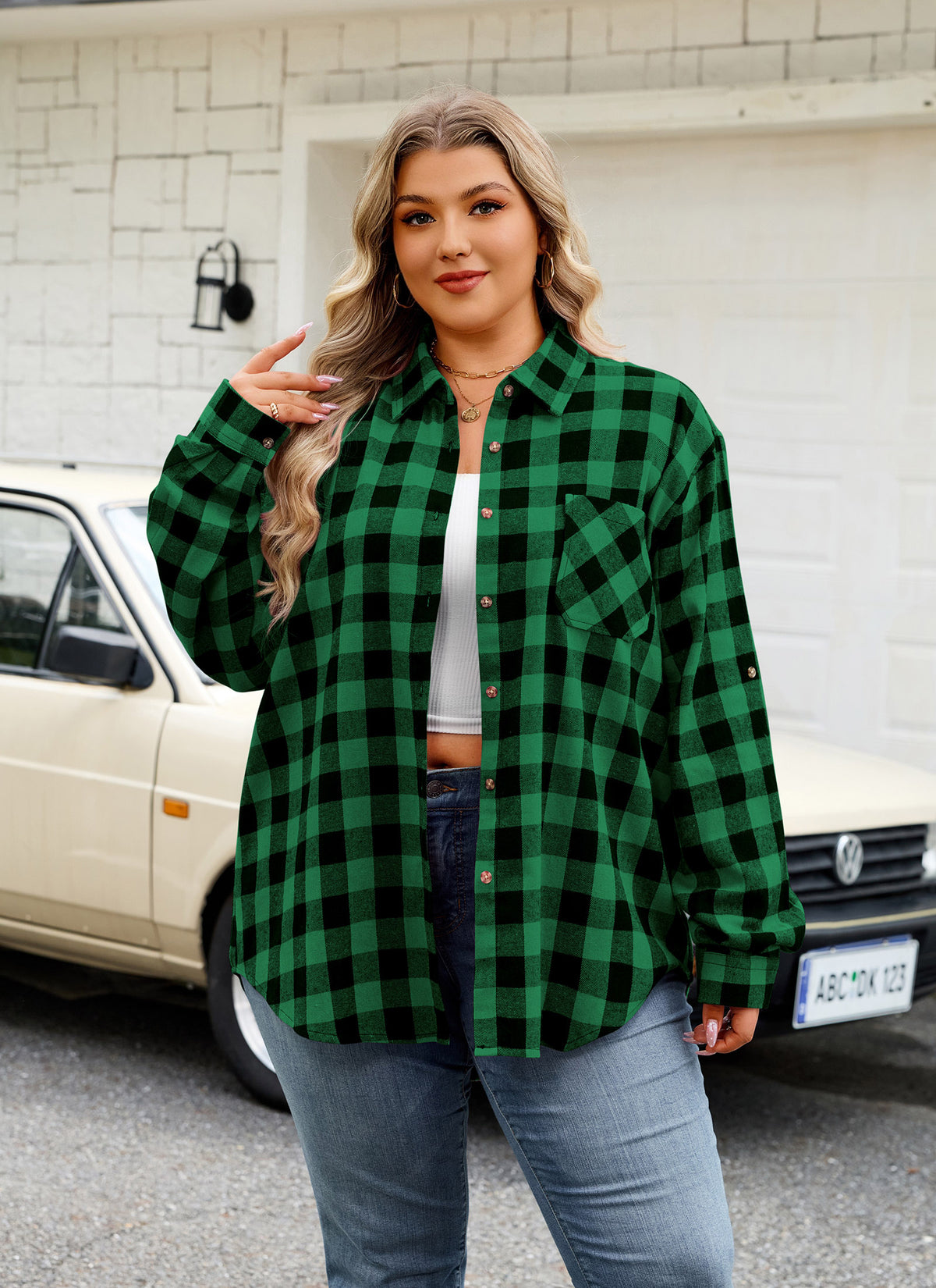 Plus Size Green Buffalo Plaid Button-Up Shirt
