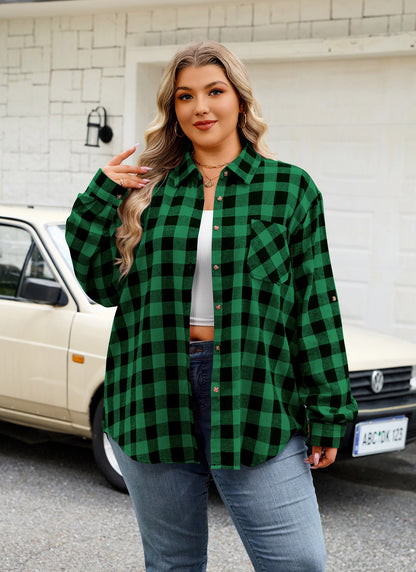 Plus Size Green Buffalo Plaid Button-Up Shirt