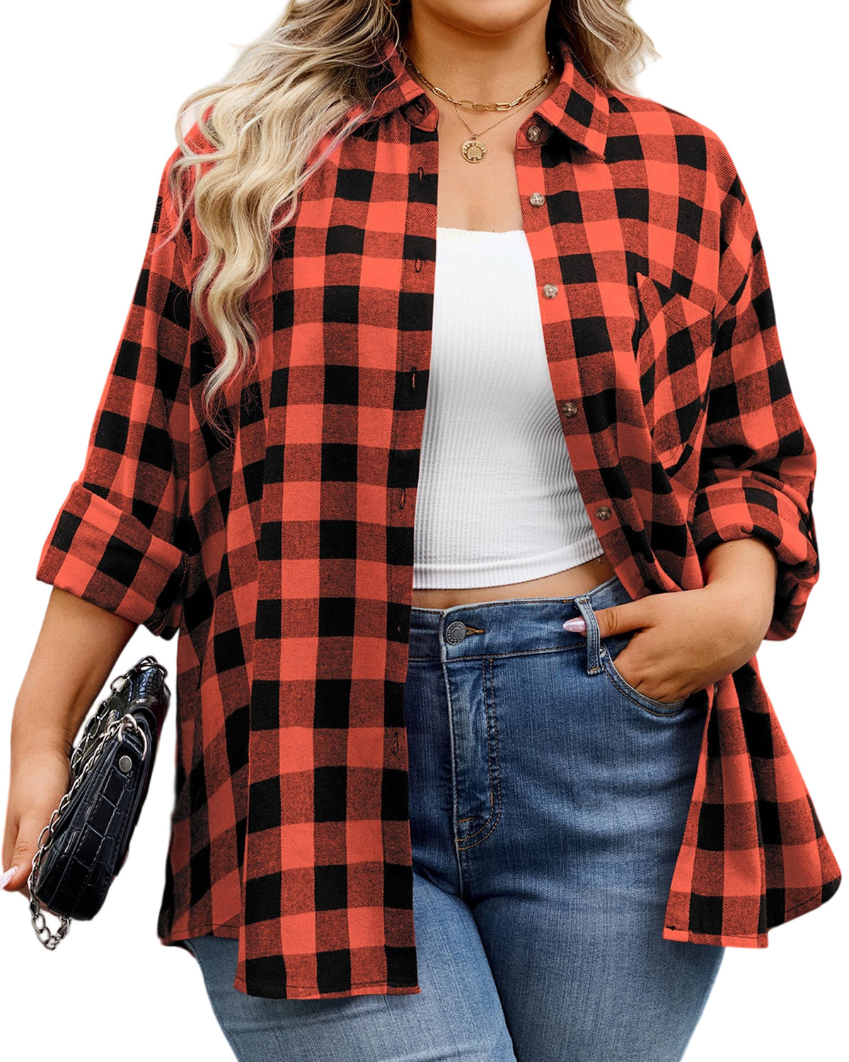 Plus Size Orange Red Buffalo Plaid Button-Up Shirt  F23