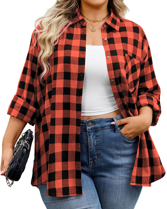 Plus Size Orange Red Buffalo Plaid Button-Up Shirt  F23