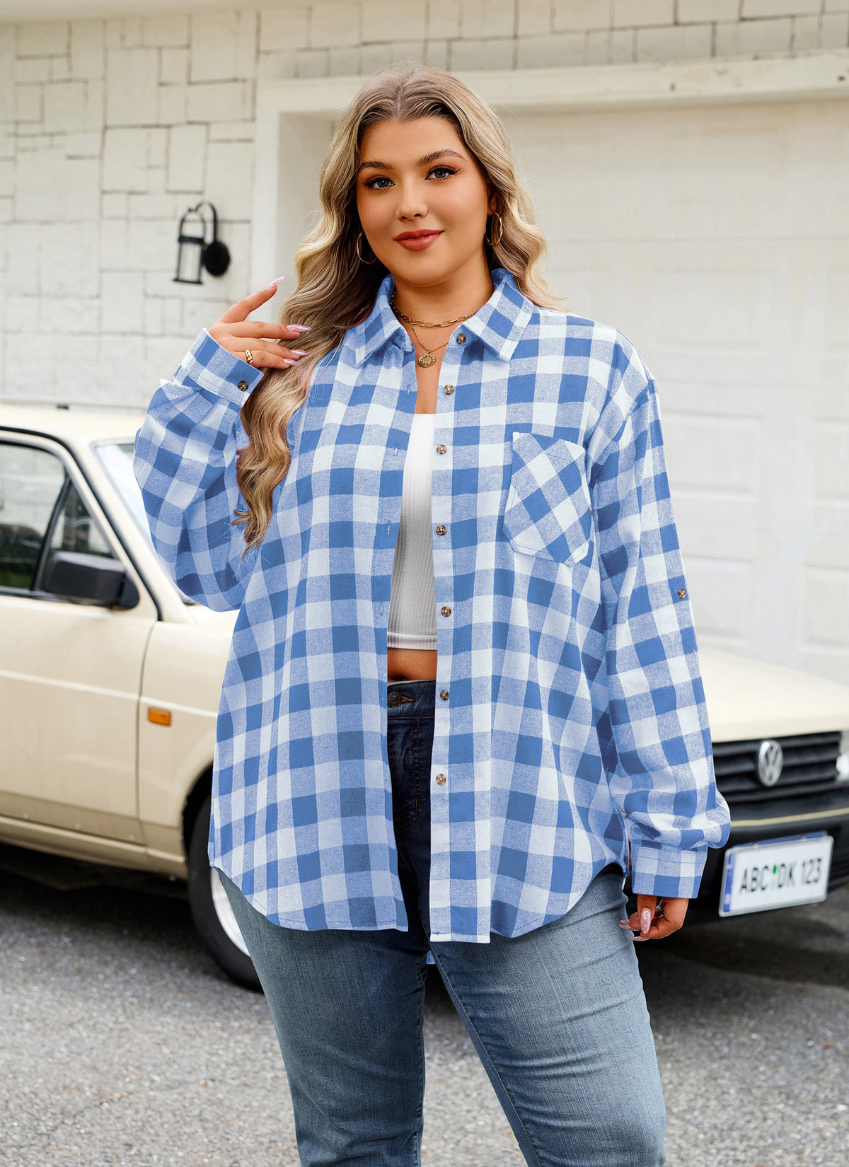 Plus Size Blue & White Buffalo Plaid Button-Up Shirt