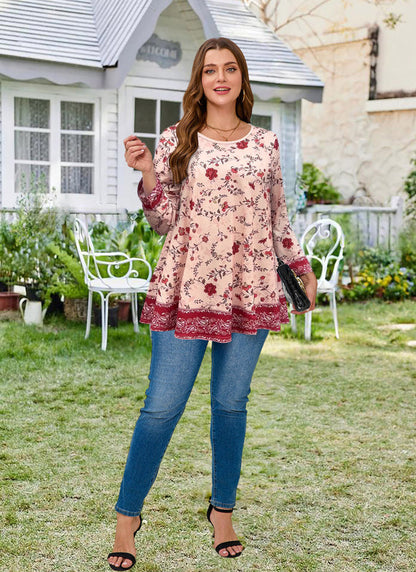 Women's Plus Size Red & Pink Floral Tunic Top – 3/4 Sleeve Swing Flare Blouse d16