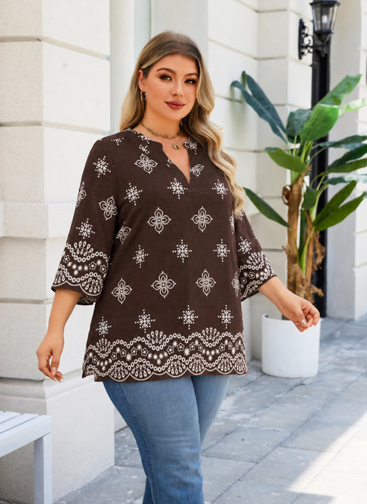 Plus Size Chocolate Brown Printed Tunic Top. L10