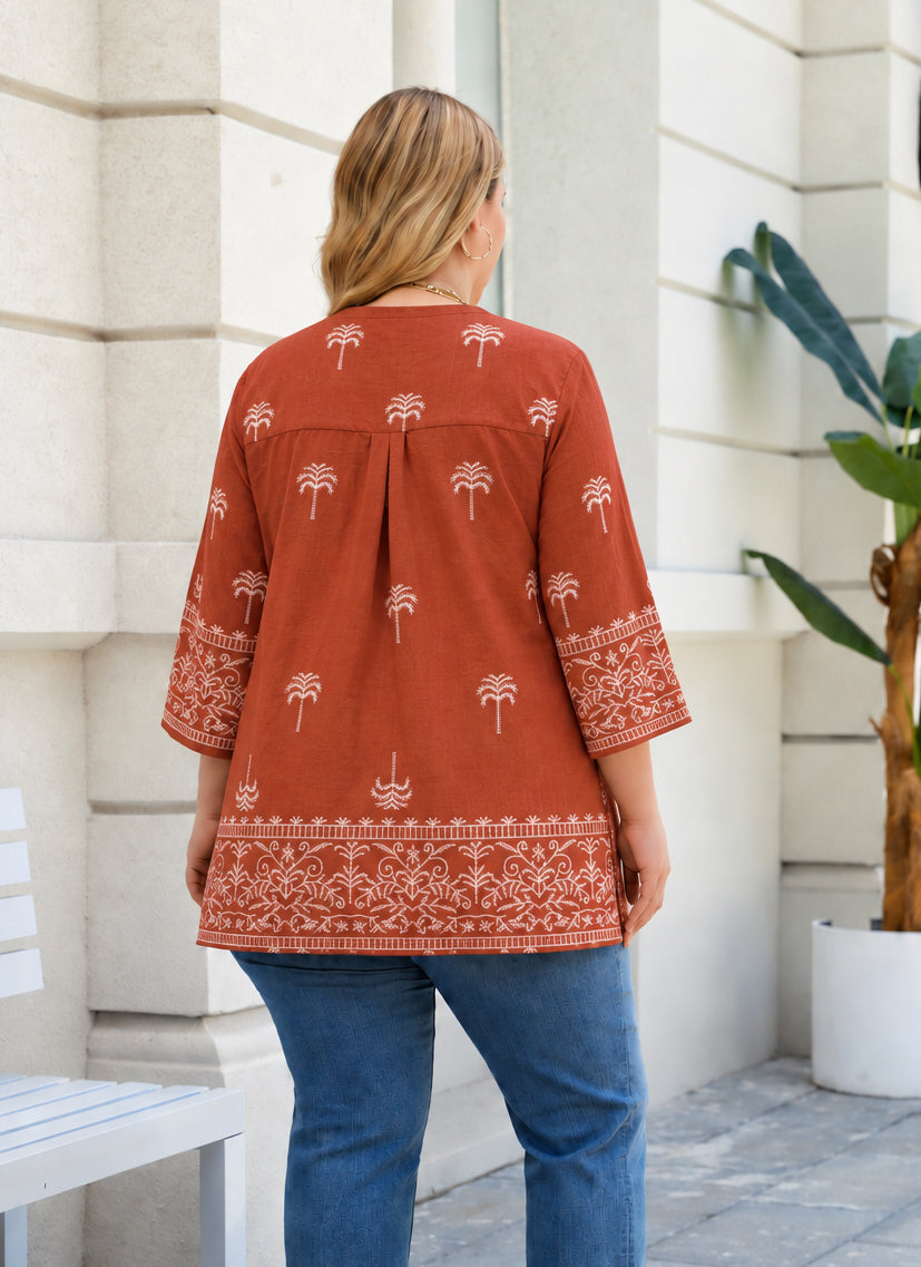 Plus Size Rust Orange Palm Print Split-Neck Tunic