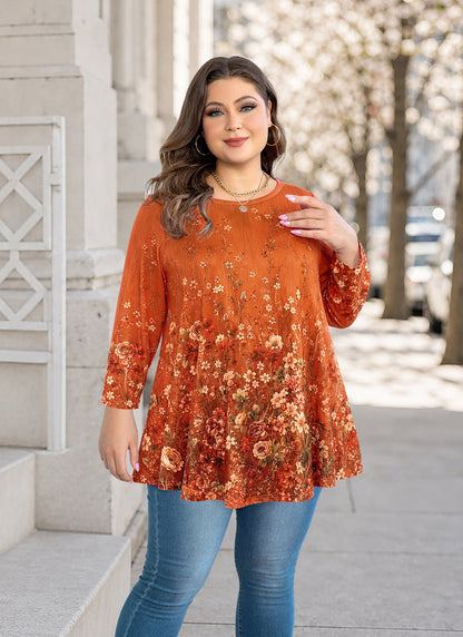 Women's Orange & Black Plus Size Tunic Top – 3/4 Sleeve Flowy Blouse A52