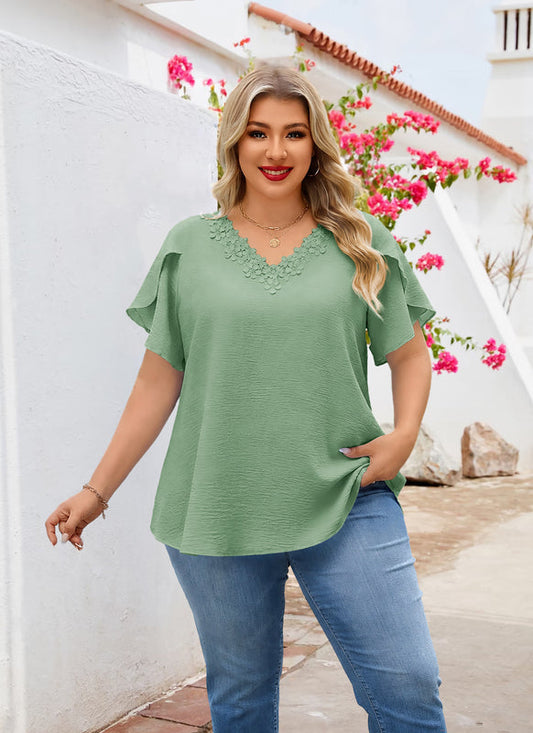 Women's Plus Size Floral Trim Tunic Top | V-Neck Short Sleeve Blouse – Sage Green I5