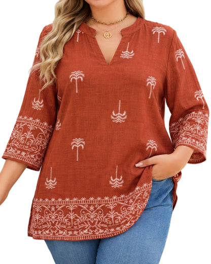 Plus Size Rust Orange Palm Print Split-Neck Tunic