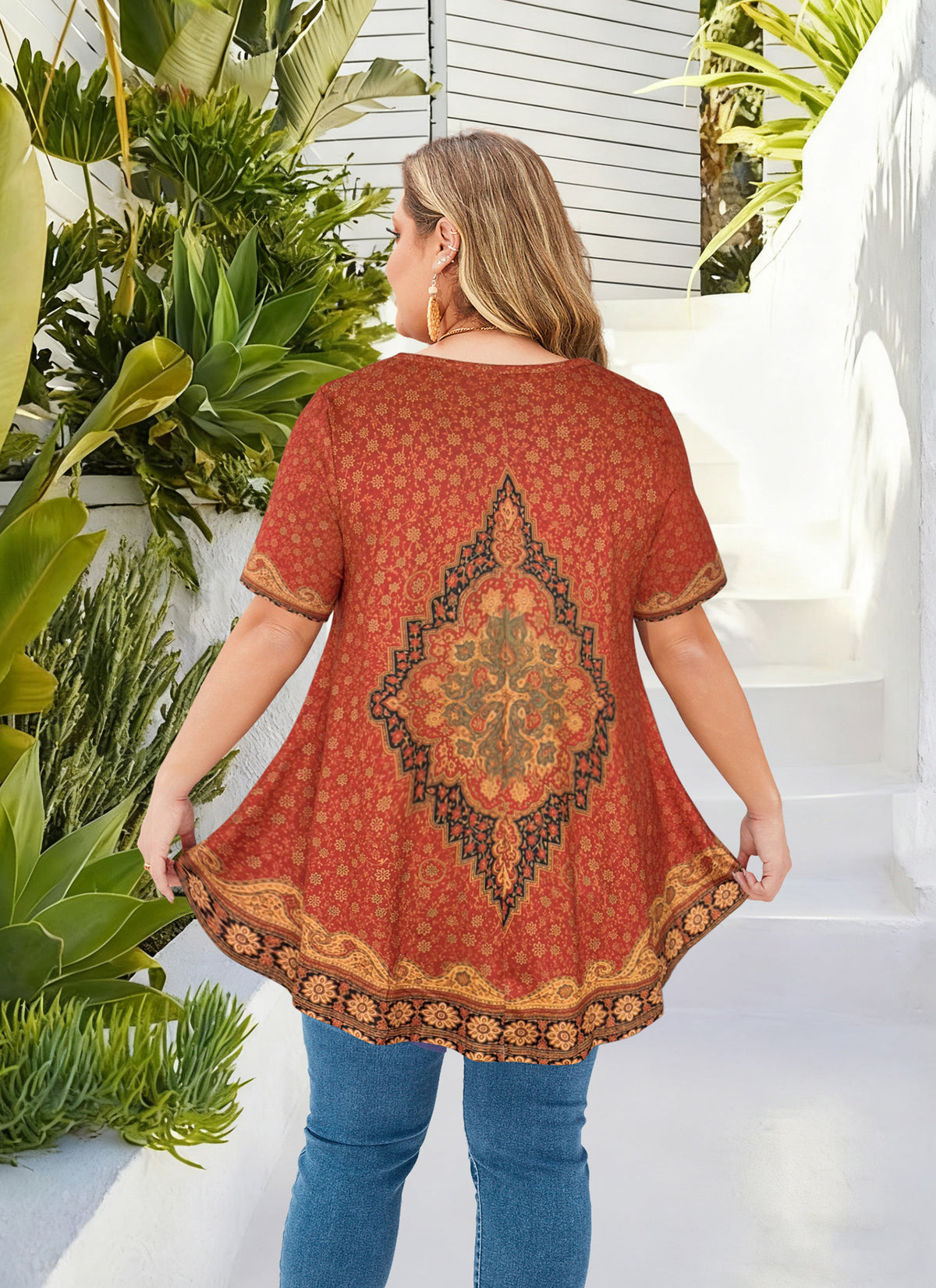 Plus Size Rust Red Medallion Print Tunic Top