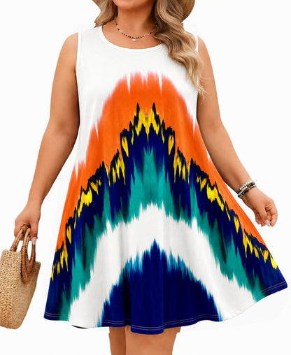 Women's White Orange Teal Colorblock Sleeveless Tank Dress with Pockets – Plus Size Casual Loose Fit N6