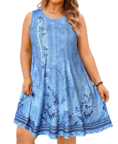 Women's Light Blue Floral Sleeveless Tank Dress with Pockets – Plus Size Casual Loose Fit N4