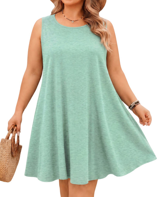 Women's Sage Green Sleeveless Tank Dress with Pockets – Plus Size Casual Loose Fit N2