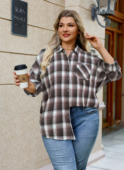 Plus Size Brown Plaid Button-Up Shirt G12