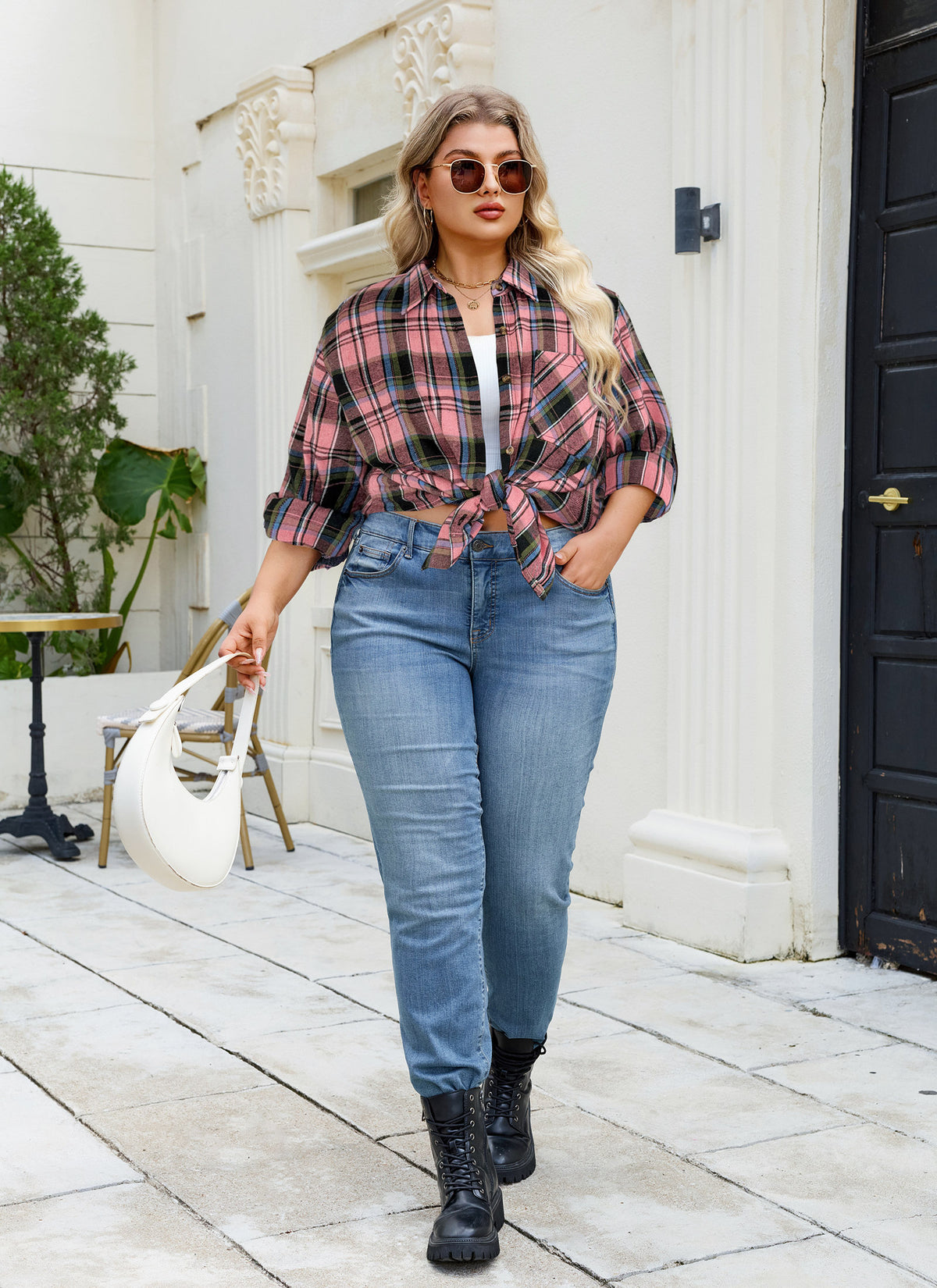 Plus Size Dusty Pink Plaid Button-Up Shirt G24
