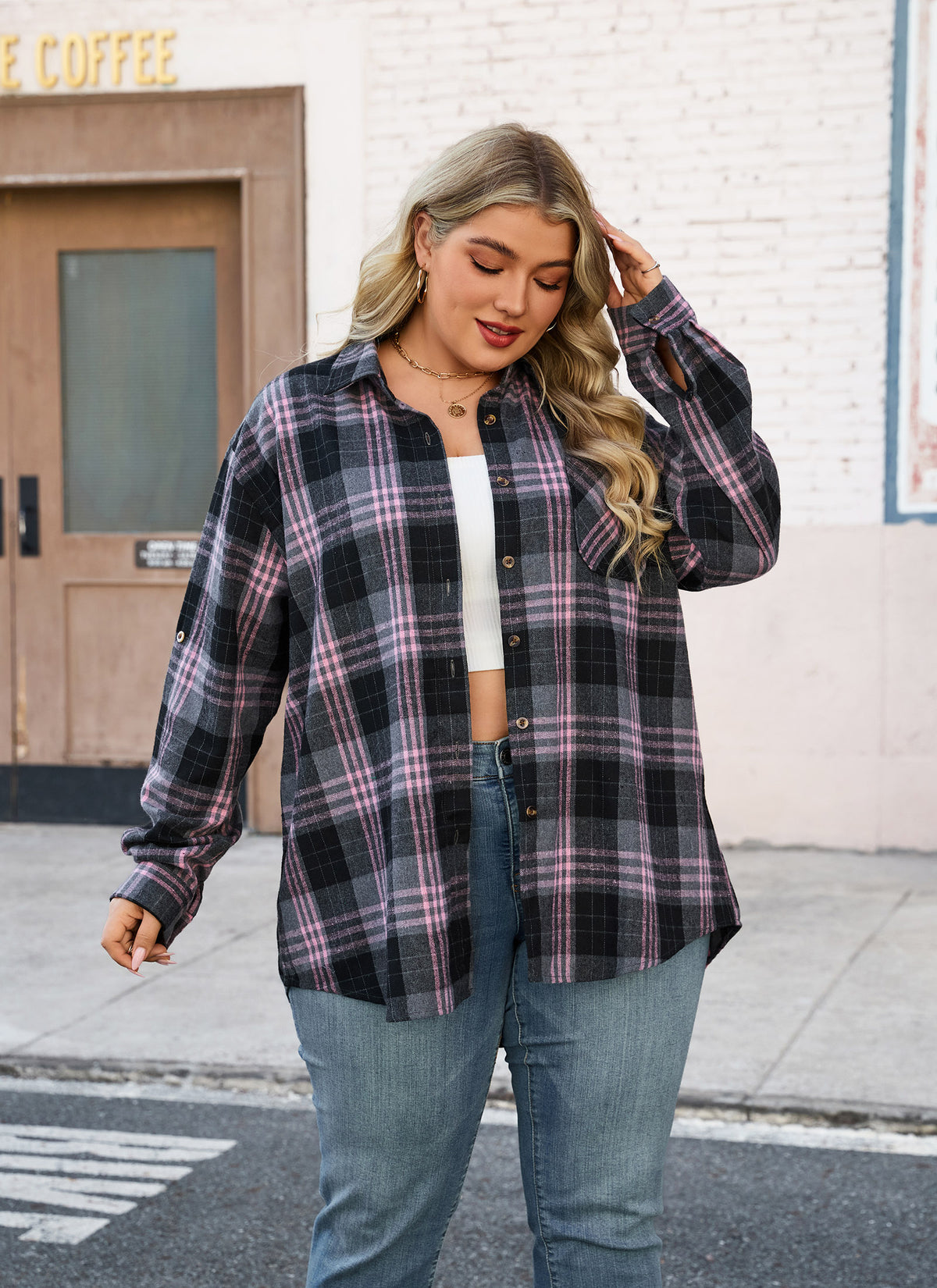 Plus Size Black & Pink Plaid Button-Up Shirt