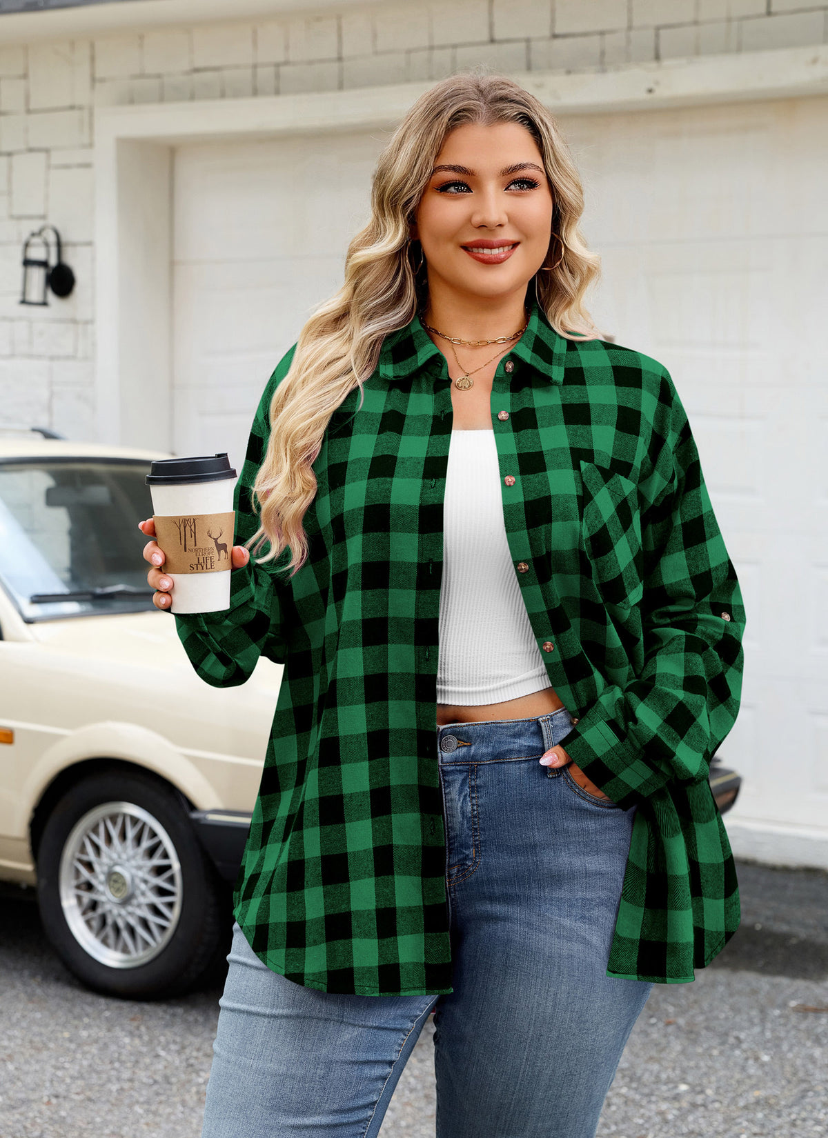 Plus Size Green Buffalo Plaid Button-Up Shirt