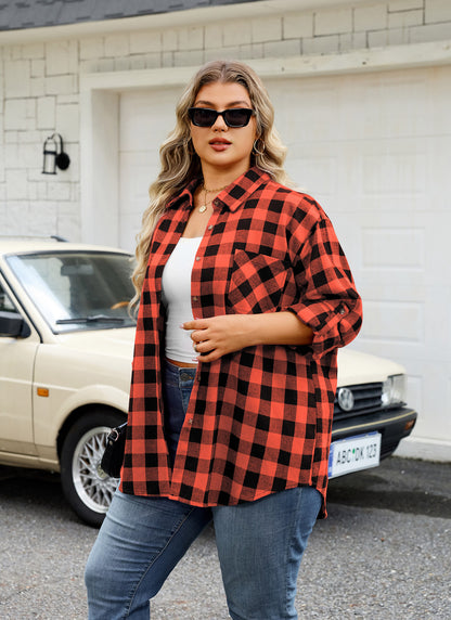 Plus Size Orange Red Buffalo Plaid Button-Up Shirt  F23