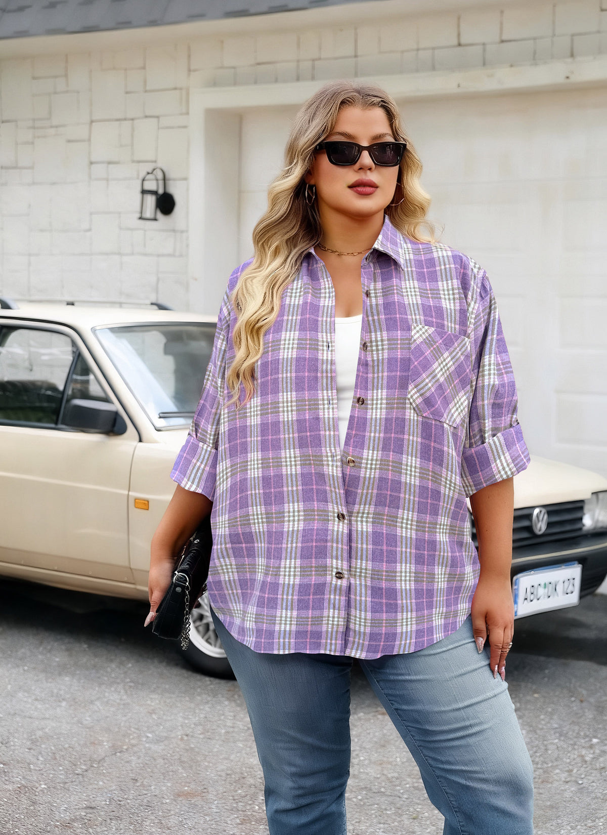 Plus Size Lavender Plaid Button-Up Shirt F18