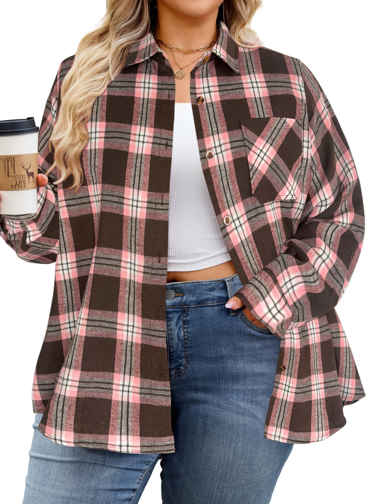 Plus Size Brown & Pink Plaid Button-Up Shirt G22