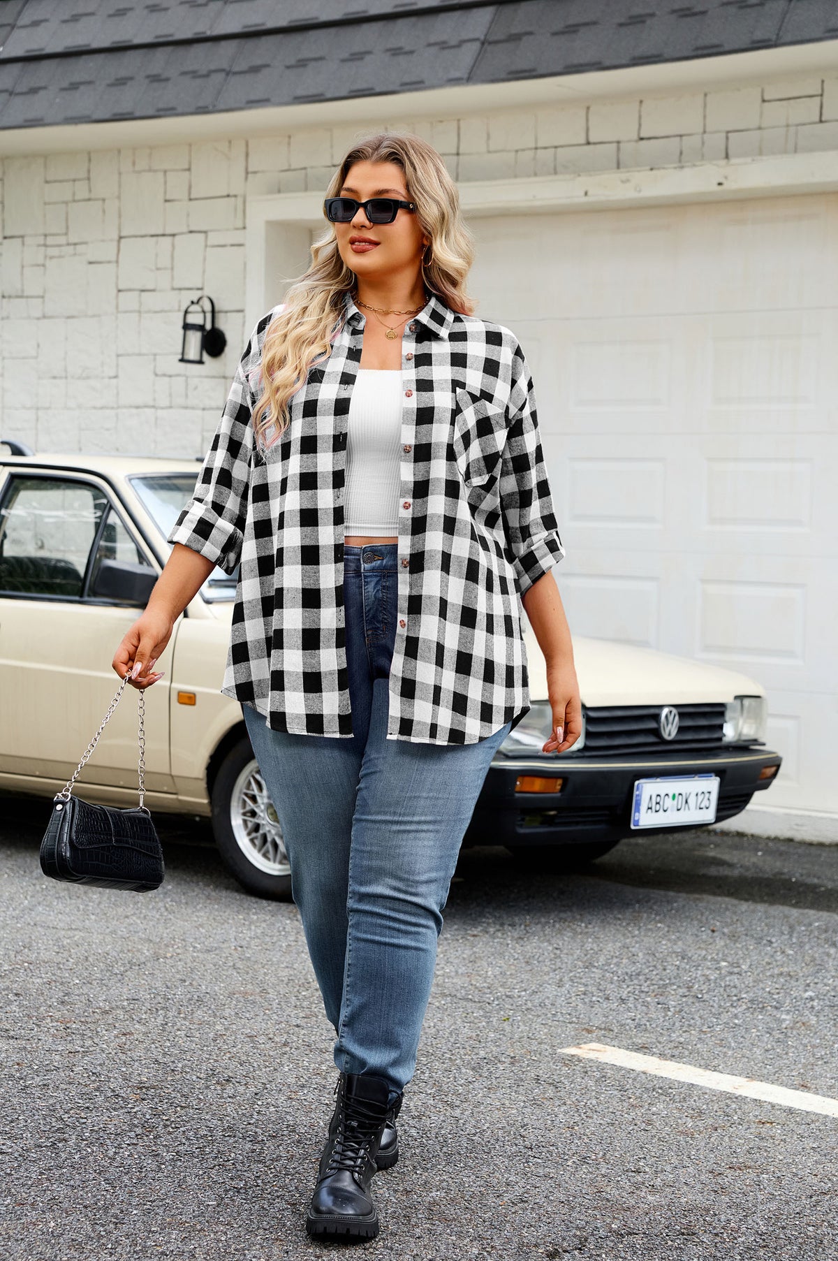 Plus Size Black & White Buffalo Plaid Button-Up Shirt