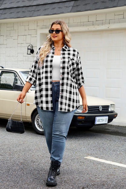 Plus Size Black & White Buffalo Plaid Button-Up Shirt