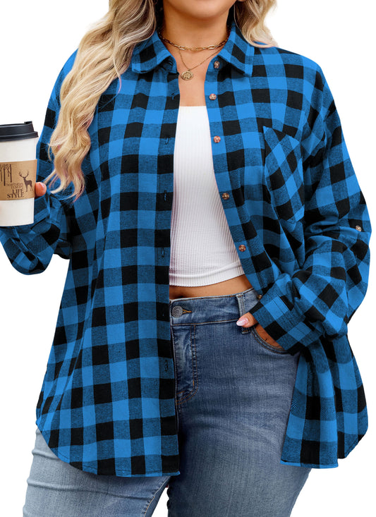 Womens Plus Size Flannel Shirts Long Sleeve Button Down Plaid Shirt Roll Up Oversize Checkered Blouse Top Fall II