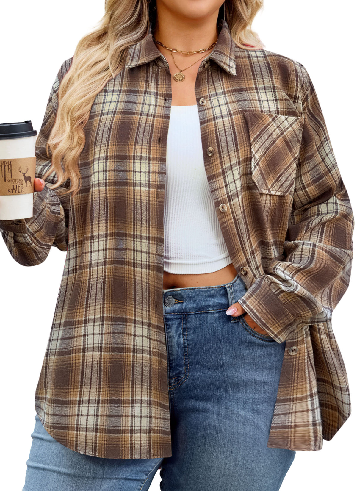 Splensive plus size Brown & Beige Plaid Button-Up Shirt
