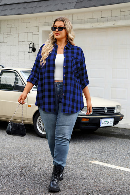 Plus Size Blue Buffalo Plaid Button-Up Shirt G18