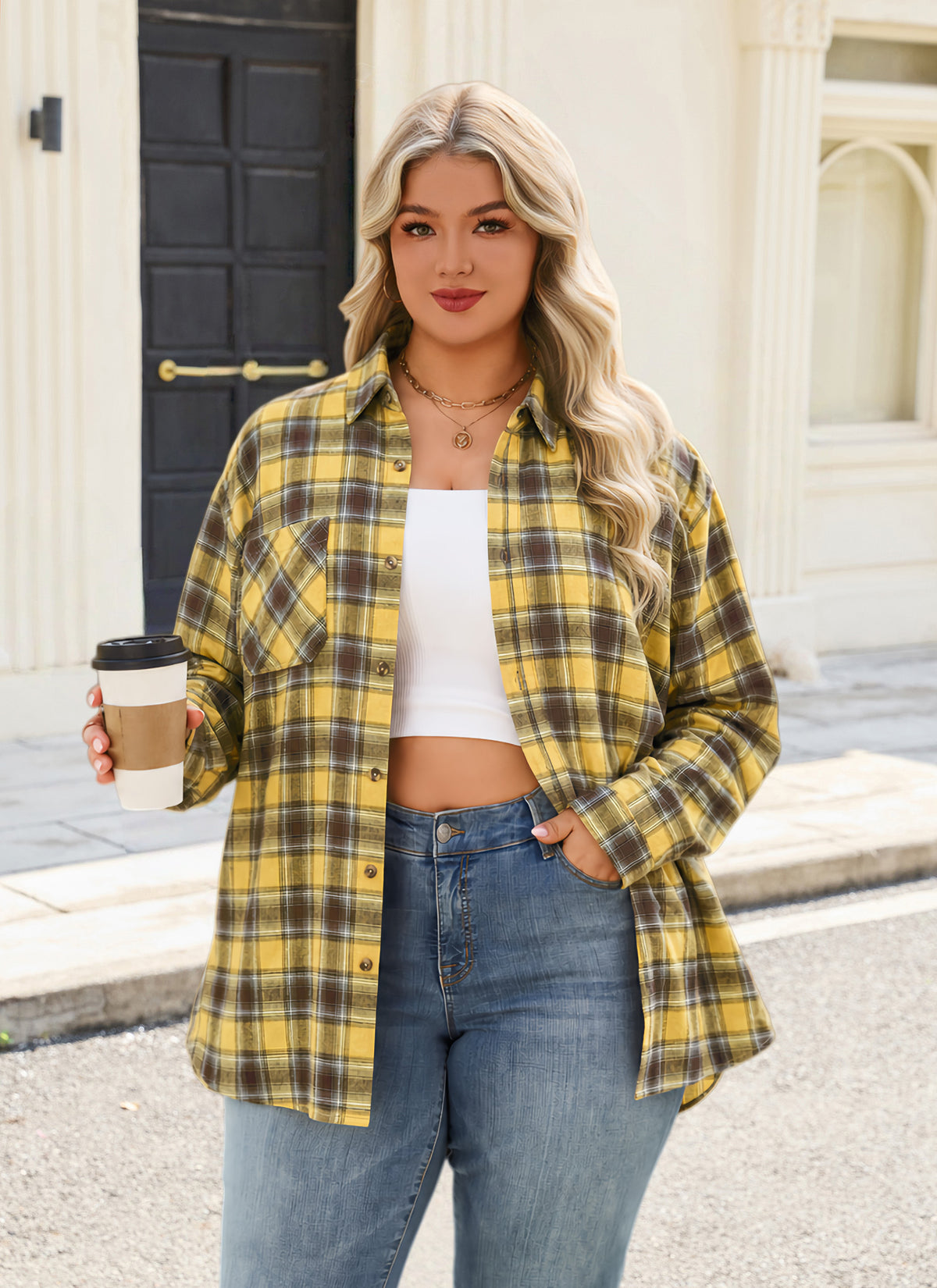 Plus Size Mustard Yellow Plaid Button-Up Shirt G14