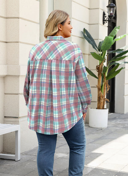 Plus Size Pink & Mint Plaid Button-Up Shirt