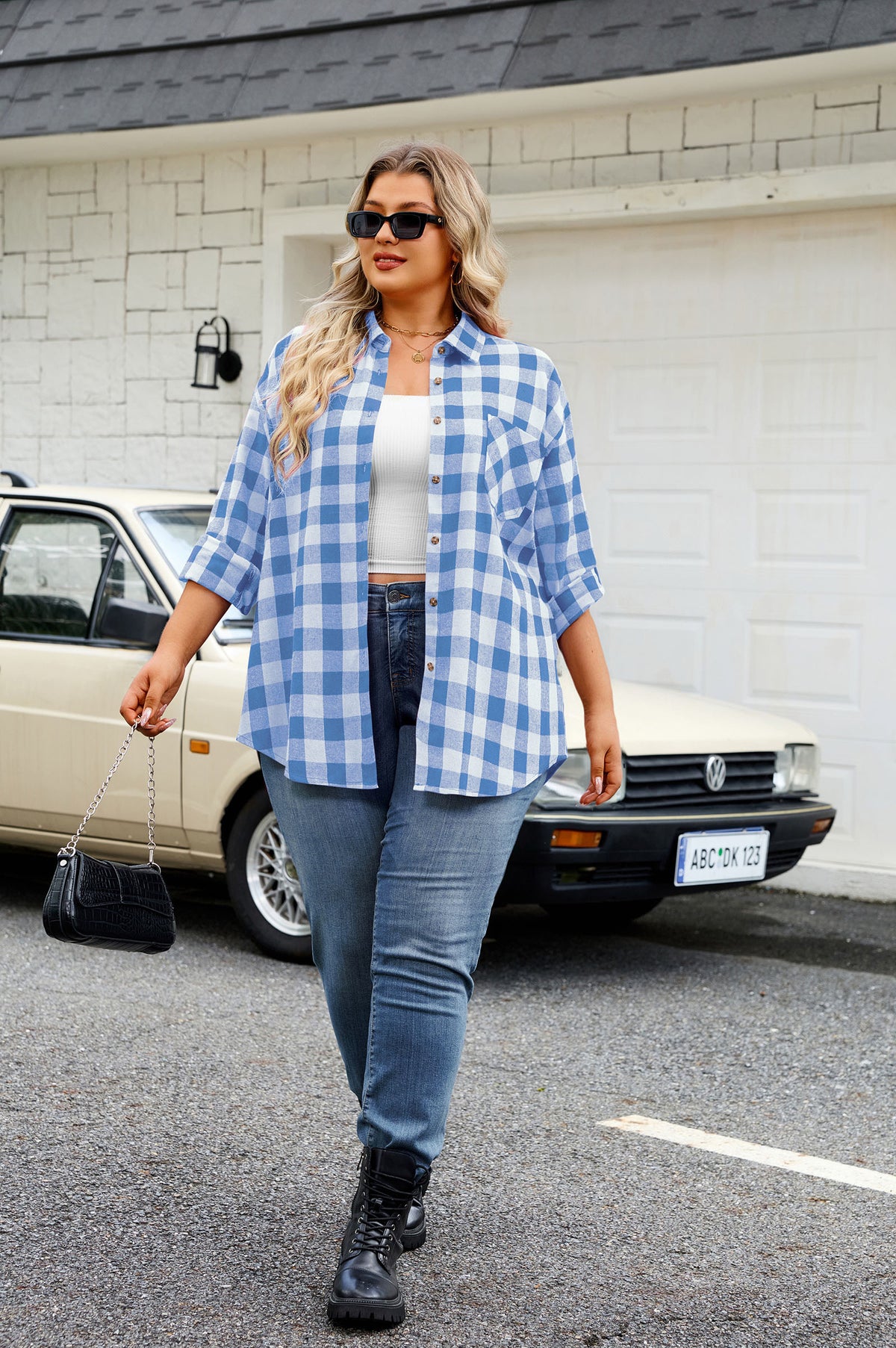 Plus Size Blue & White Buffalo Plaid Button-Up Shirt