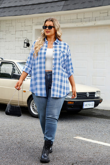 Plus Size Blue & White Buffalo Plaid Button-Up Shirt