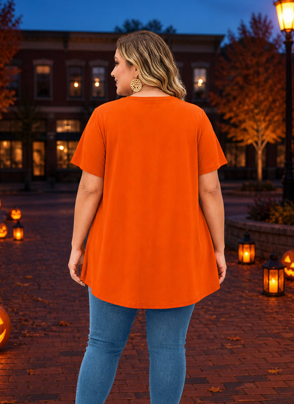 Women's Halloween Orange Tunic Top – Festive Print, Plus Size E27