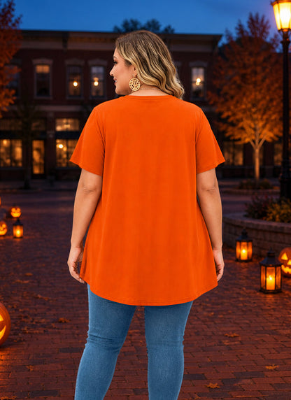 Women's Halloween Orange Tunic Top – Festive Print, Plus Size E27