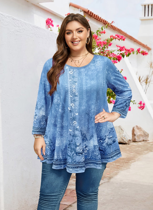 Women's Light Blue Plus Size Swing Tunic Top – 3/4 Sleeve Flowy Blouse A46