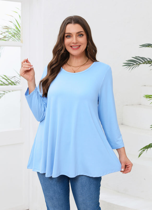 Women's Plus Size Tunic Top | 3/4 Sleeve Light Blue Swing Flare Blouse for Leggings A37