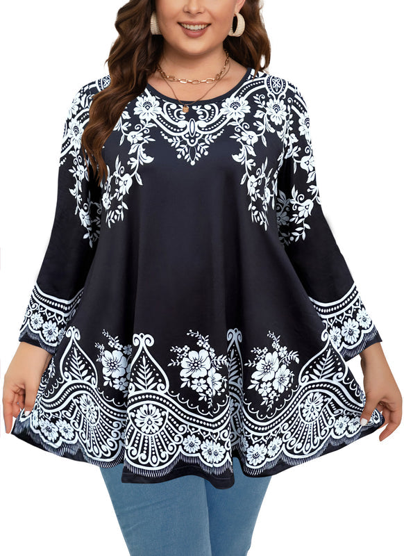 Women's Plus Size Tunic Top | Black & White Print Swing Flare Blouse for Leggings A40