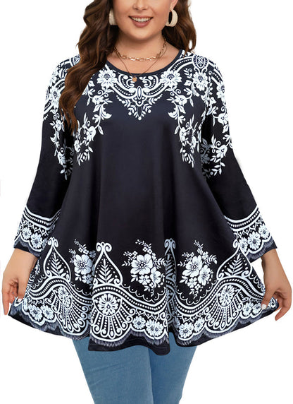 Women's Plus Size Tunic Top | Black & White Print Swing Flare Blouse for Leggings A40