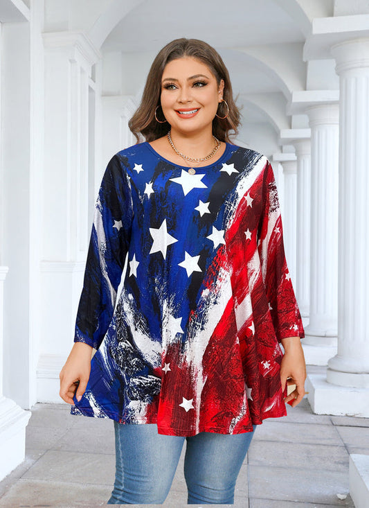 Women's Plus Size American Flag Tunic Top – 3/4 Sleeve Patriotic Swing Flare Blouse d17