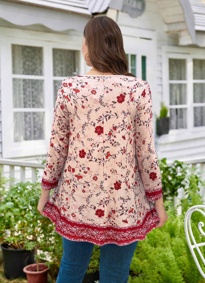 Women's Plus Size Red & Pink Floral Tunic Top – 3/4 Sleeve Swing Flare Blouse d16