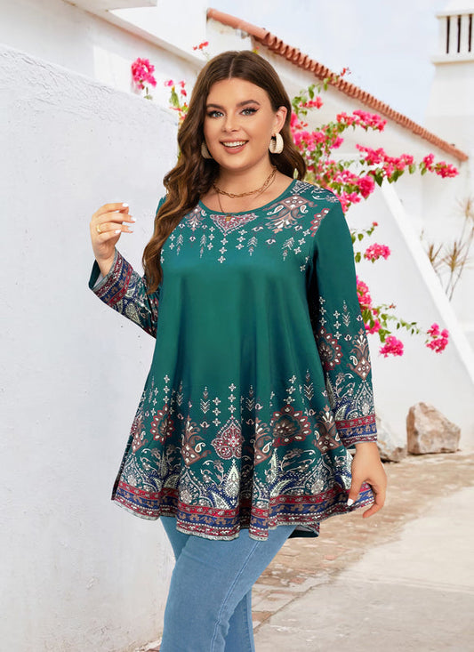 Women's Plus Size Teal & Blue Floral Tunic Top – 3/4 Sleeve Swing Flare Blouse d14