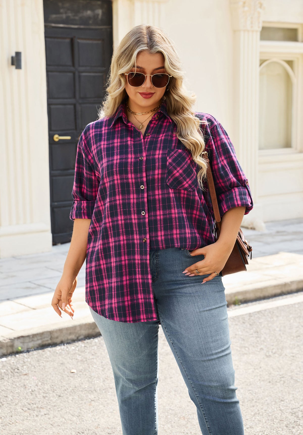 Plus Size Fuchsia & Navy Plaid Button-Up Shirt