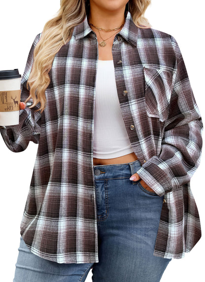 Plus Size Brown Plaid Button-Up Shirt G12