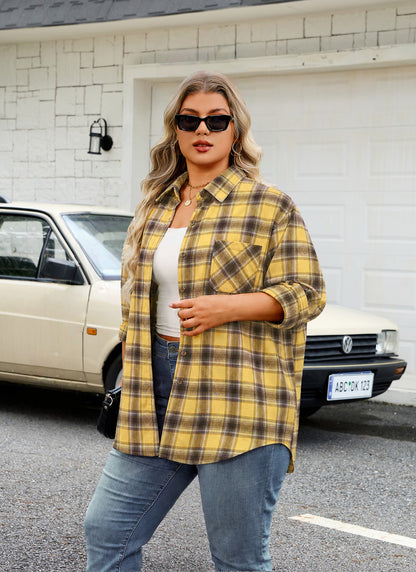 Plus Size Mustard Yellow Plaid Button-Up Shirt G14