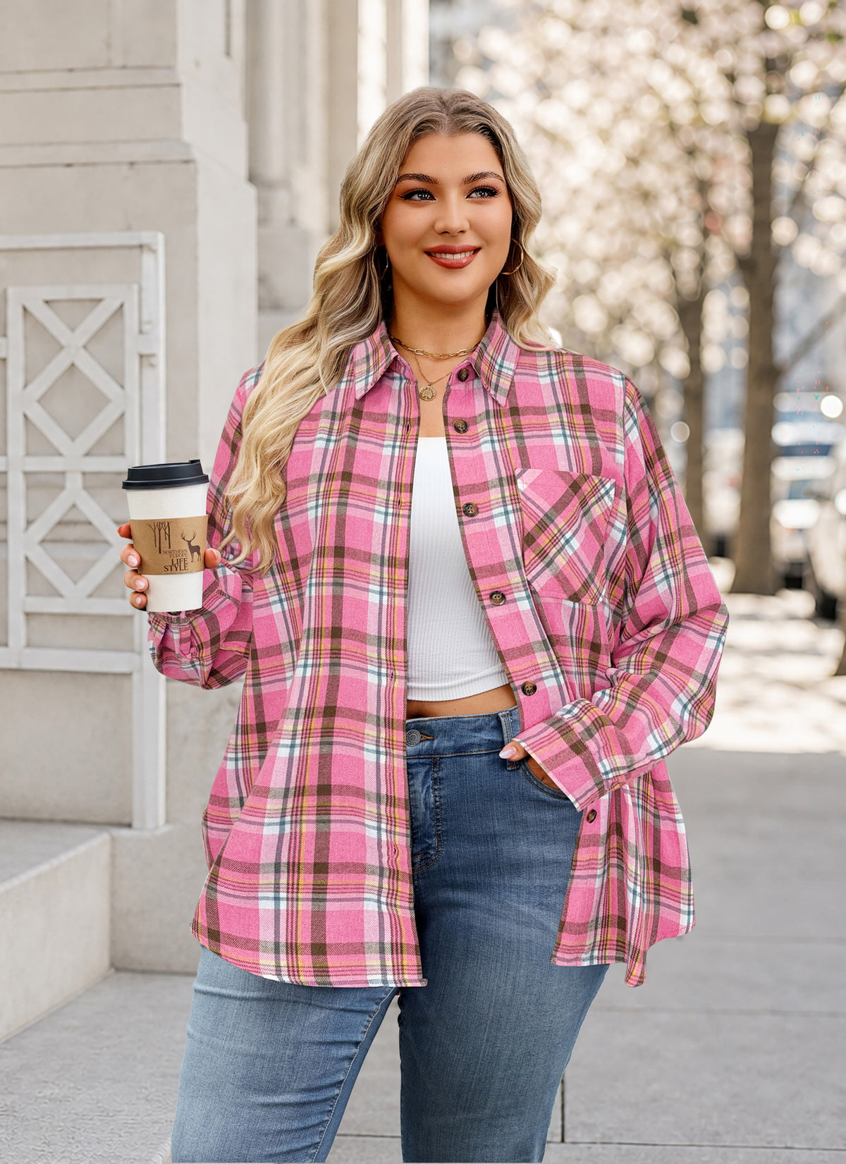 Plus Size Pink Plaid Button-Up Shirt. F21