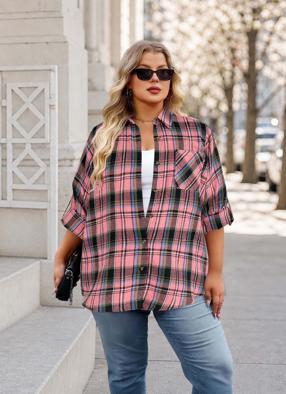 Plus Size Dusty Pink Plaid Button-Up Shirt G24